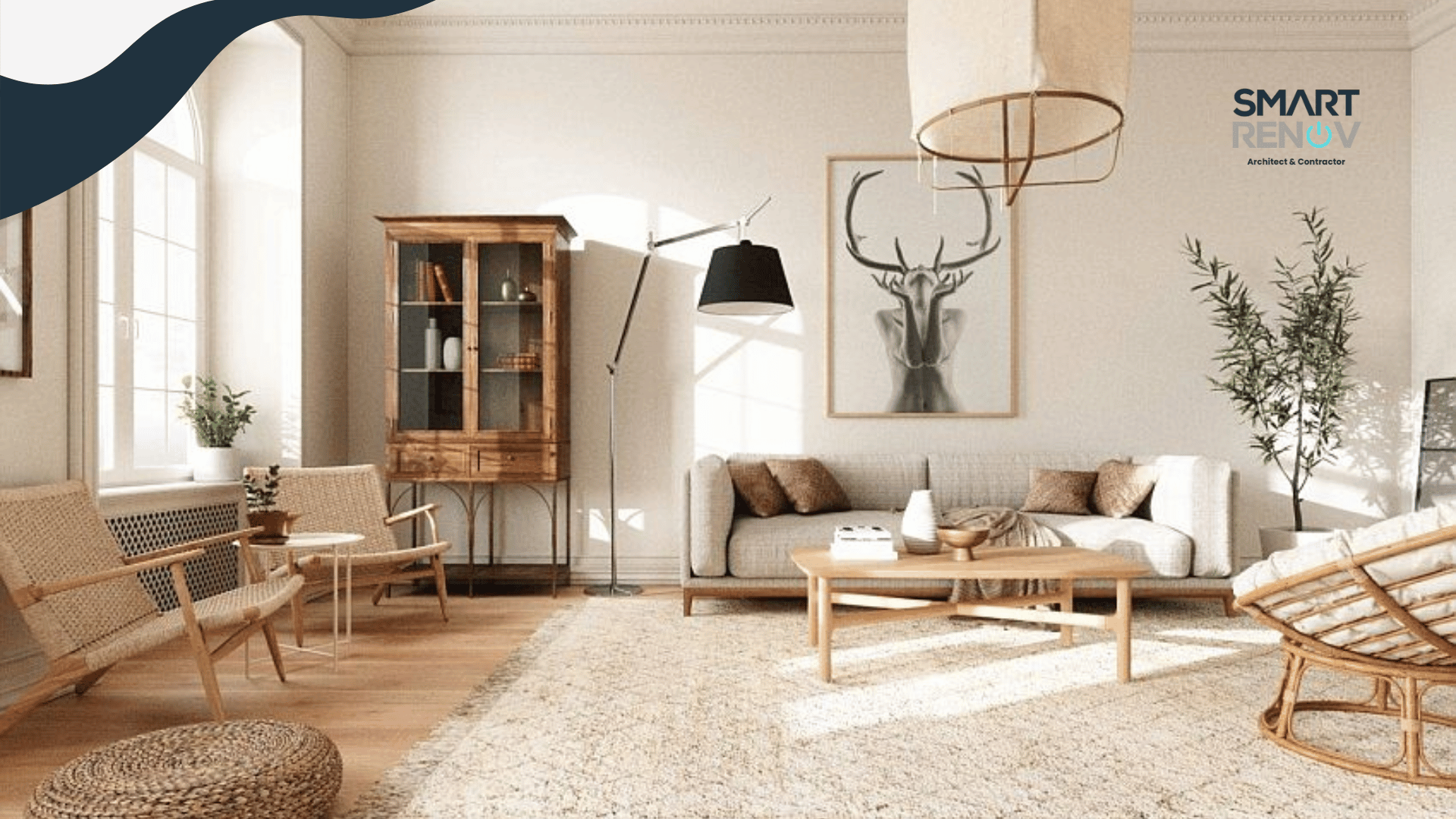 Desain interior Japandi ruang tamu rumah Jakarta Selatan dengan warna netral dan material kayu natural