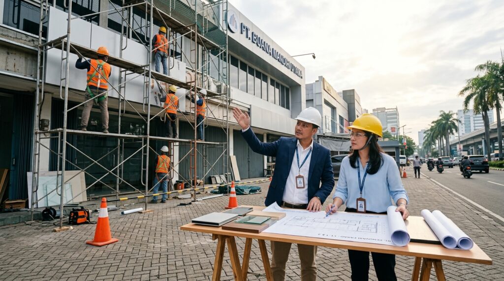 Pemilik Kantor Bangun Rumah saat meninjau renovasi fasad kantor