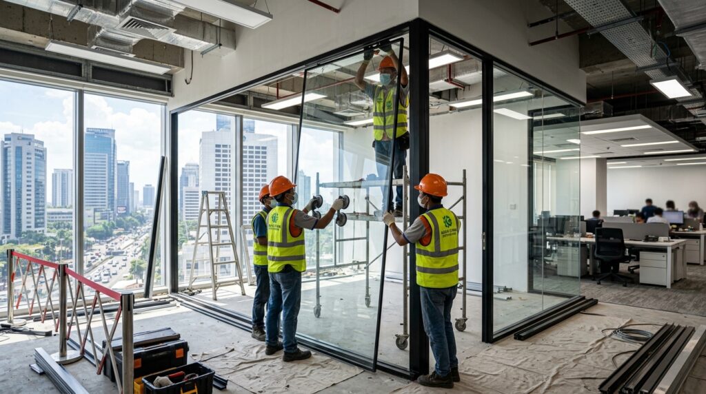 Pemilik Kantor Kontraktor profesional saat renovasi ruang kerja