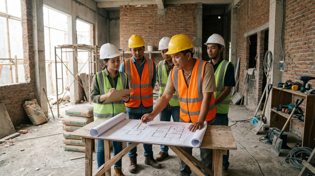 Tim Kontraktor Renovasi Terpercaya berdiskusi proyek
