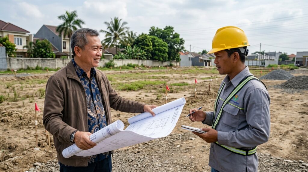 Panduan Bangun Rumah Pemilik pabrik berdiskusi dengan kontraktor di lokasi proyek