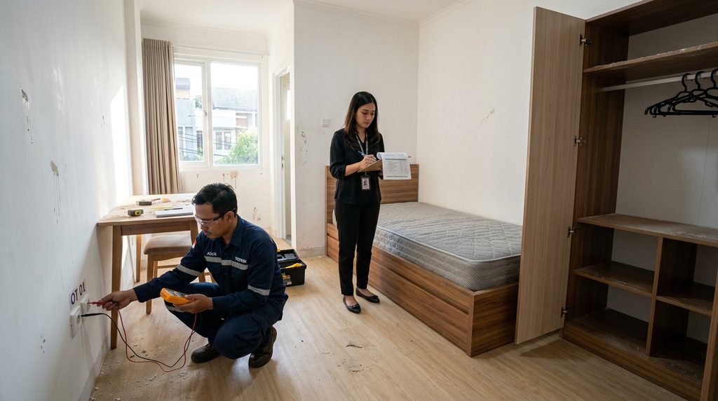 Pemilik Kost kostan Renovasi melakukan final inspection kamar sebelum disewakan kembali