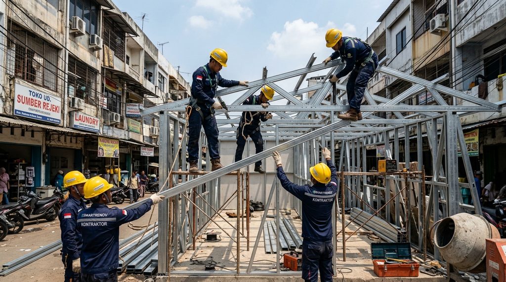 Proyek Kontraktor Gudang Jakarta tahap pemasangan rangka struktur