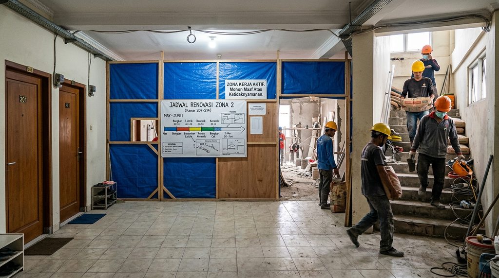 Panduan Renovasi Rumah Pemilik kost memakai phasing agar sebagian kamar tetap beroperasi