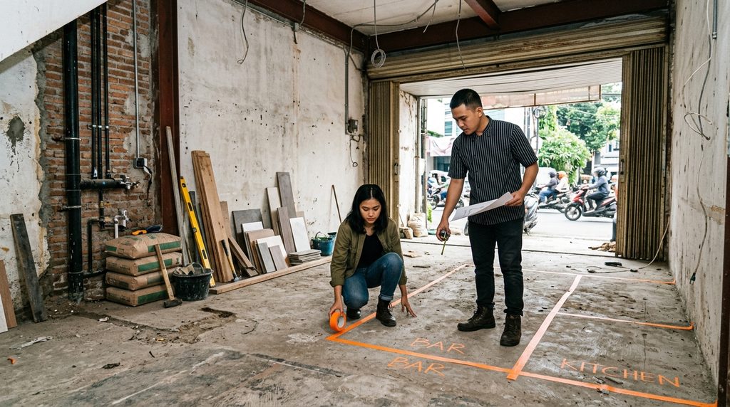 Pemilik Cafe Shop Bangun menandai layout bar dan dapur sebelum konstruksi