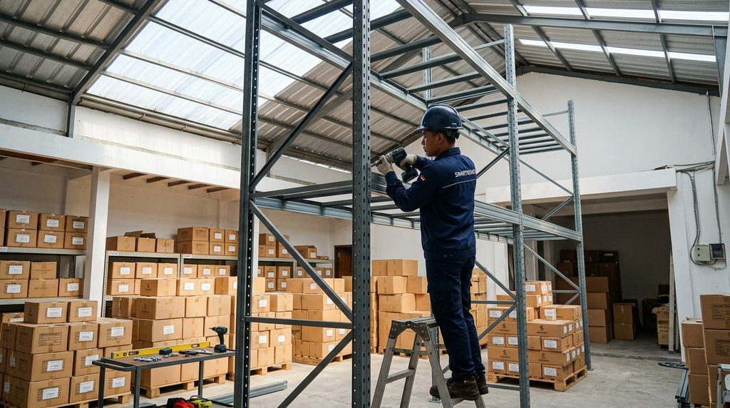 Hasil akhir Renovasi Rumah Gudang Jakarta dengan rak penyimpanan bertingkat