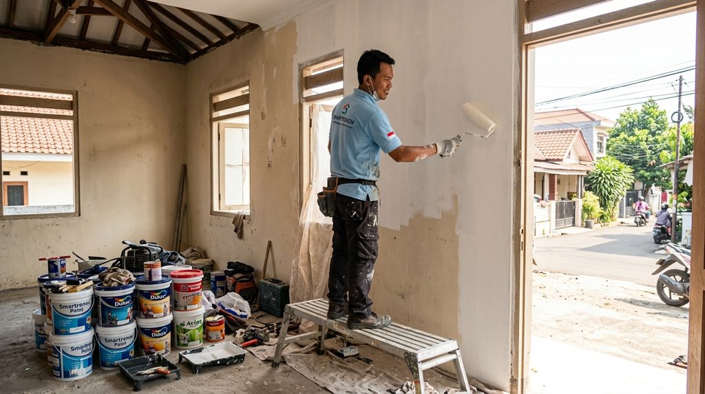 Proses Renovasi Rumah Gudang Depok tahap finishing dinding