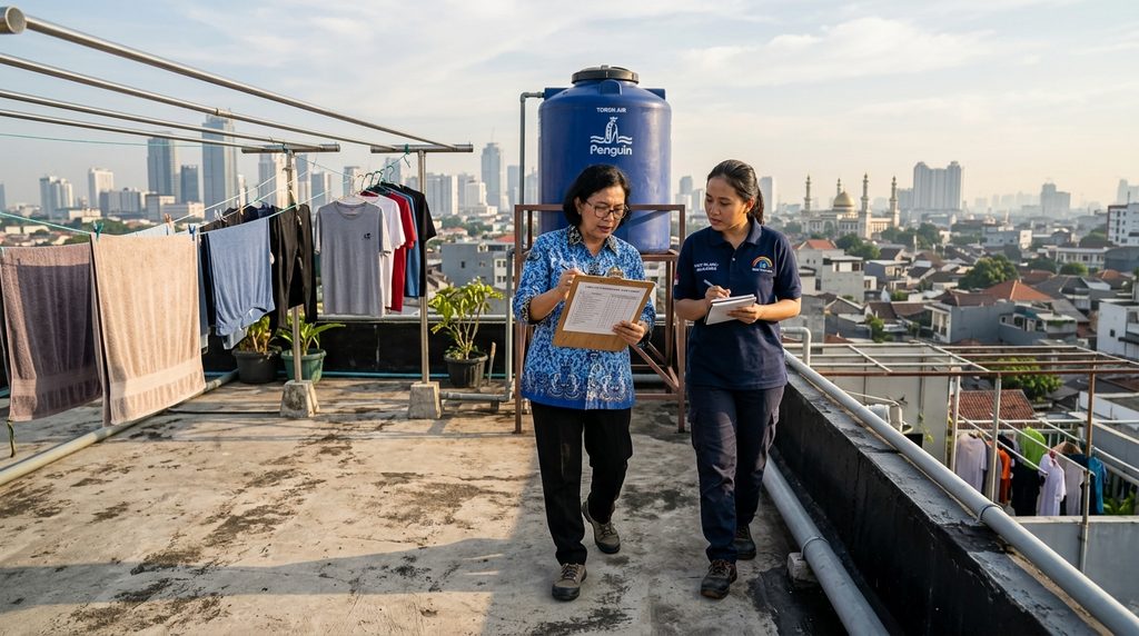 Pemilik Kost kostan Renovasi melakukan inspeksi area utilitas dan rooftop