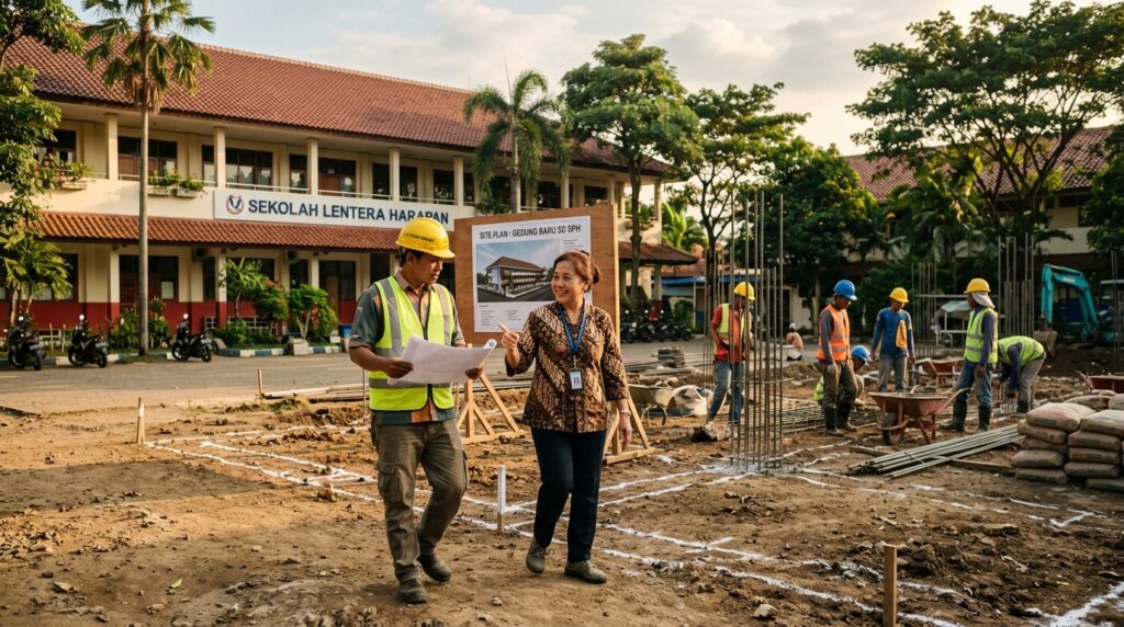 Pemilik Sekolah Bangun Rumah saat meninjau rencana ruang kelas baru