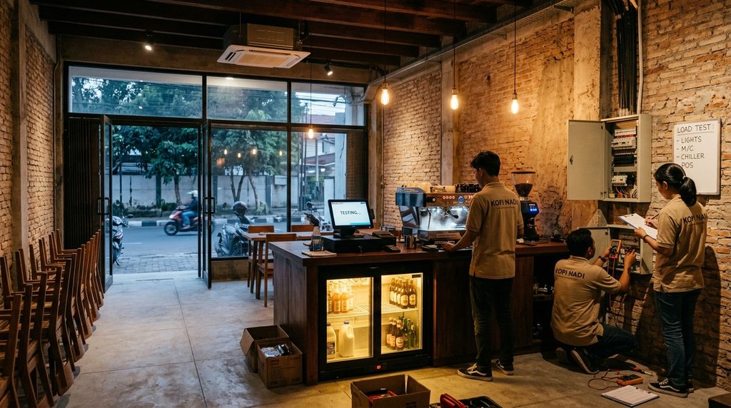 Pemilik Cafe Shop Bangun melakukan testing peralatan sebelum soft opening