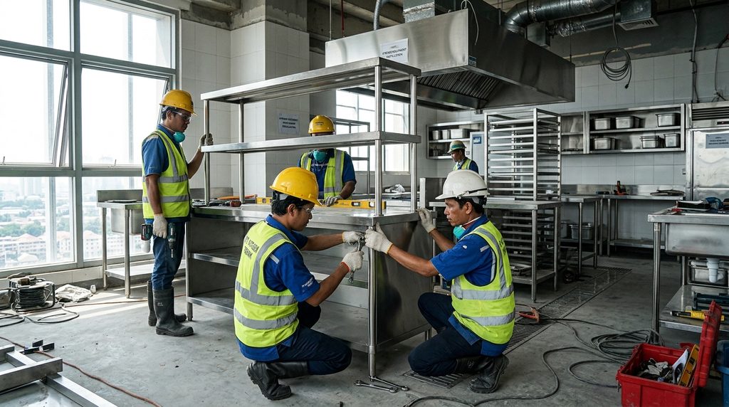 Instalasi peralatan dapur pada proyek Kontraktor MBG Kopdes Jakarta