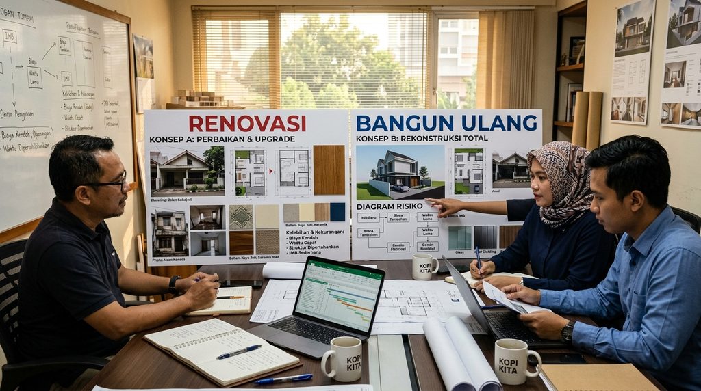 Decision guide renovasi atau bangun ulang berdasarkan kondisi proyek