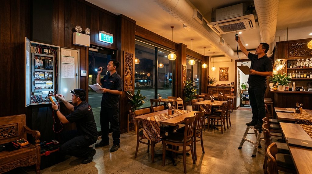 Renovasi Rumah Restoran Proses saat testing listrik dan sistem udara menjelang pembukaan