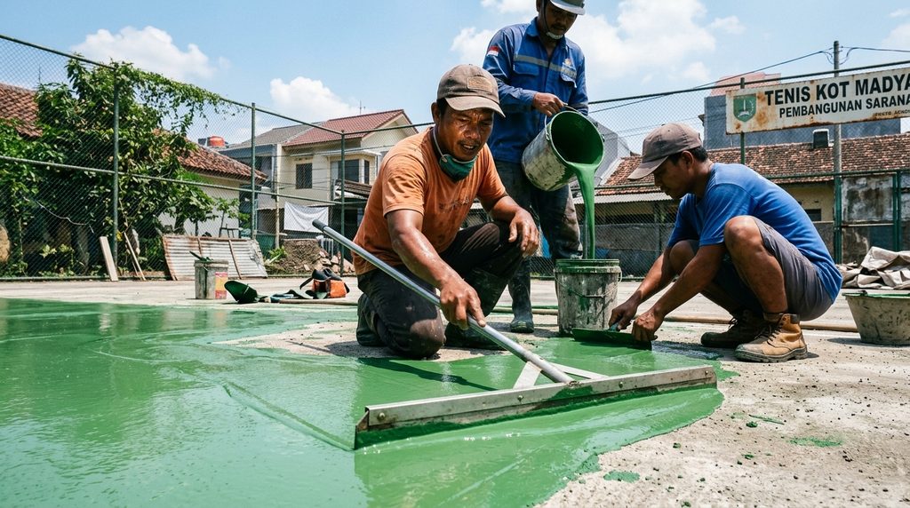 Pengaplikasian lapisan coating pada proyek Bangun Rumah Lap Tennis